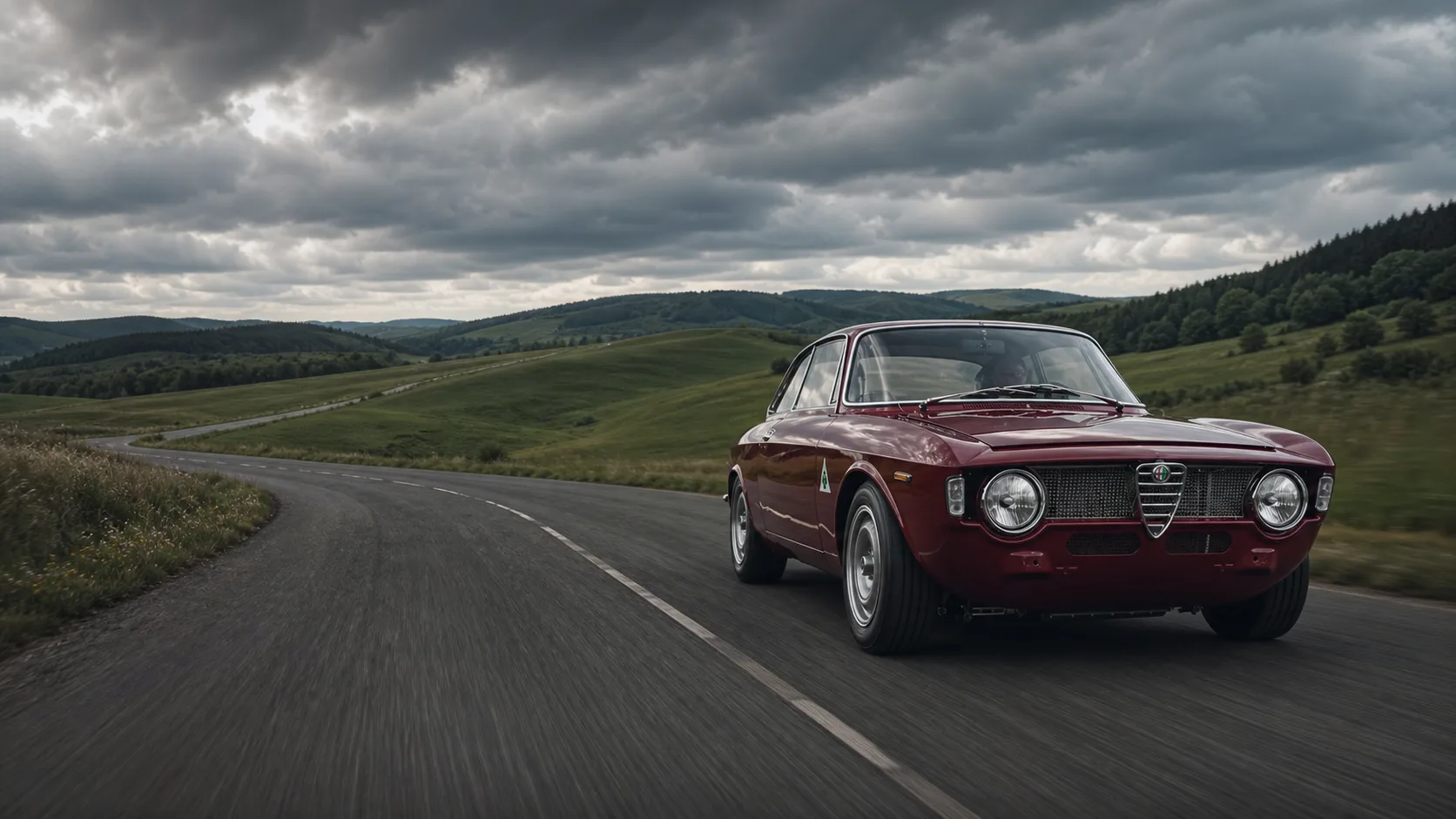 Красная классическая Alfa Romeo на загородной дороге